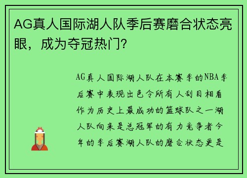 AG真人国际湖人队季后赛磨合状态亮眼，成为夺冠热门？