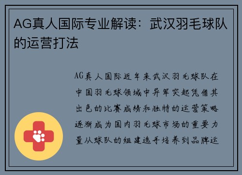 AG真人国际专业解读：武汉羽毛球队的运营打法